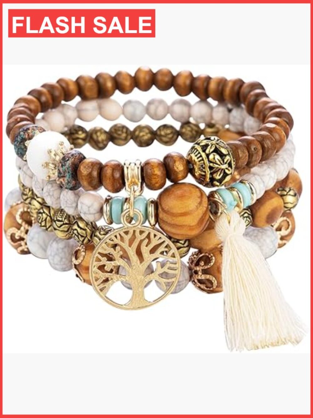 Bohemian Stretch Wood Beaded Bracelets Multilayer Stackable Tassel Bracelet